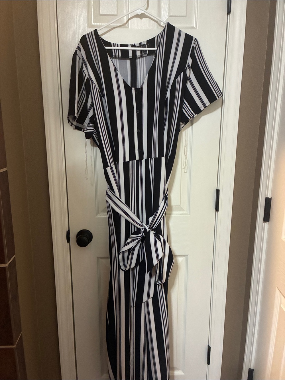 Lane Bryant Black and White Striped Tie-Waist Jumpsuit
